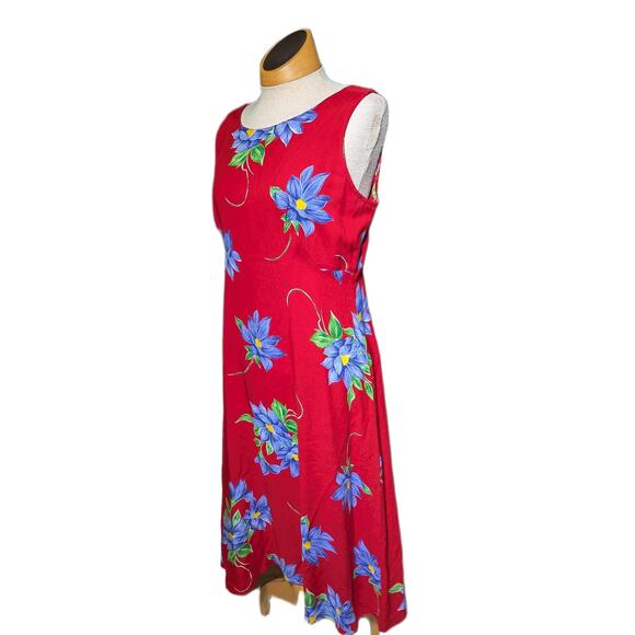 Vtg 1990s Coldwater Creek Red Blue Daisy Floral Print Midi Sun Dress Sz 10 P - Picture 1 of 6